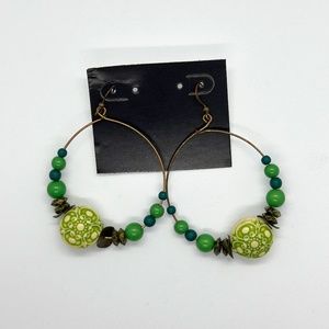 Bronze Hoop Earrings with Green Beads